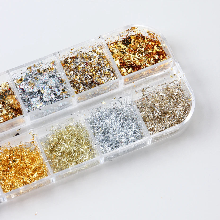 12 Color Gold Foils Gorgeous Nails Glitter Random Aluminum Flakes Paillette Chip Nail Design Shinny Sparkles Nail Art Decoration