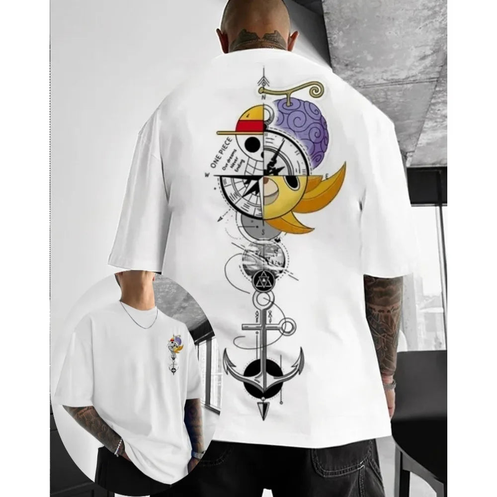 One Piece Men's T-shirt Monkey D. Luffy Summer and Autumn Anime Boy Children's Short-sleeved Retro Loose Parent-child Outfit