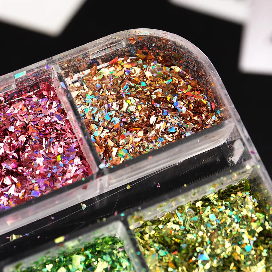 12 Grids Holographic Glitter Nail Art Sequins Sparkly Irregular Nail Flakes Powder Nail Art Mermaid Makeup Manicure Decorations