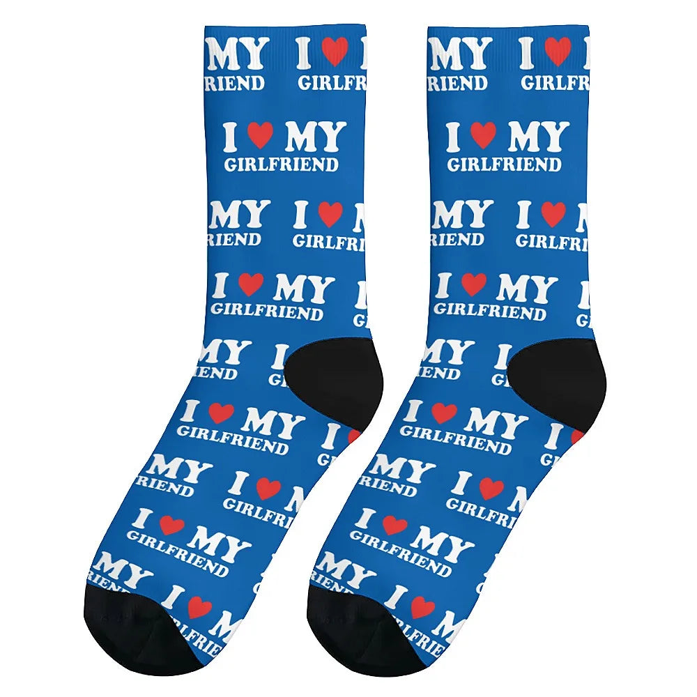 I love my girlfriend, men's fashion socks Fun crew socks, street hip hop casual, novelty holiday party gifts for boyfriends.