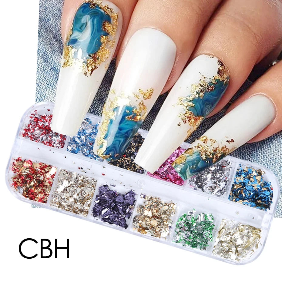 12 Color Gold Foils Gorgeous Nails Glitter Random Aluminum Flakes Paillette Chip Nail Design Shinny Sparkles Nail Art Decoration