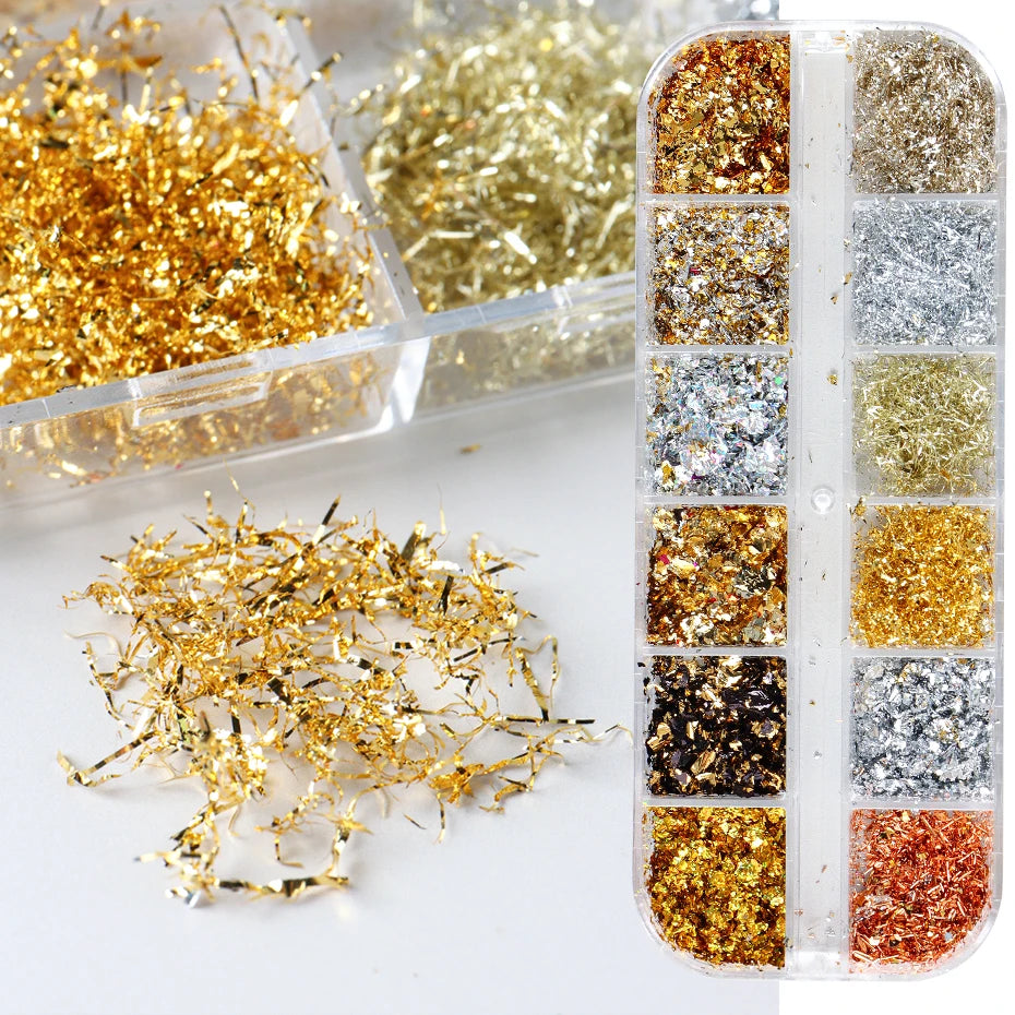 12 Color Gold Foils Gorgeous Nails Glitter Random Aluminum Flakes Paillette Chip Nail Design Shinny Sparkles Nail Art Decoration