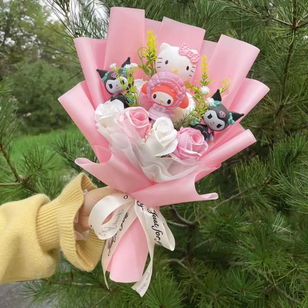 Cartoon Vinyl Doll Action Figures With Artificial Flower Creative Bouquet Christmas Valentine Birthday Gifts