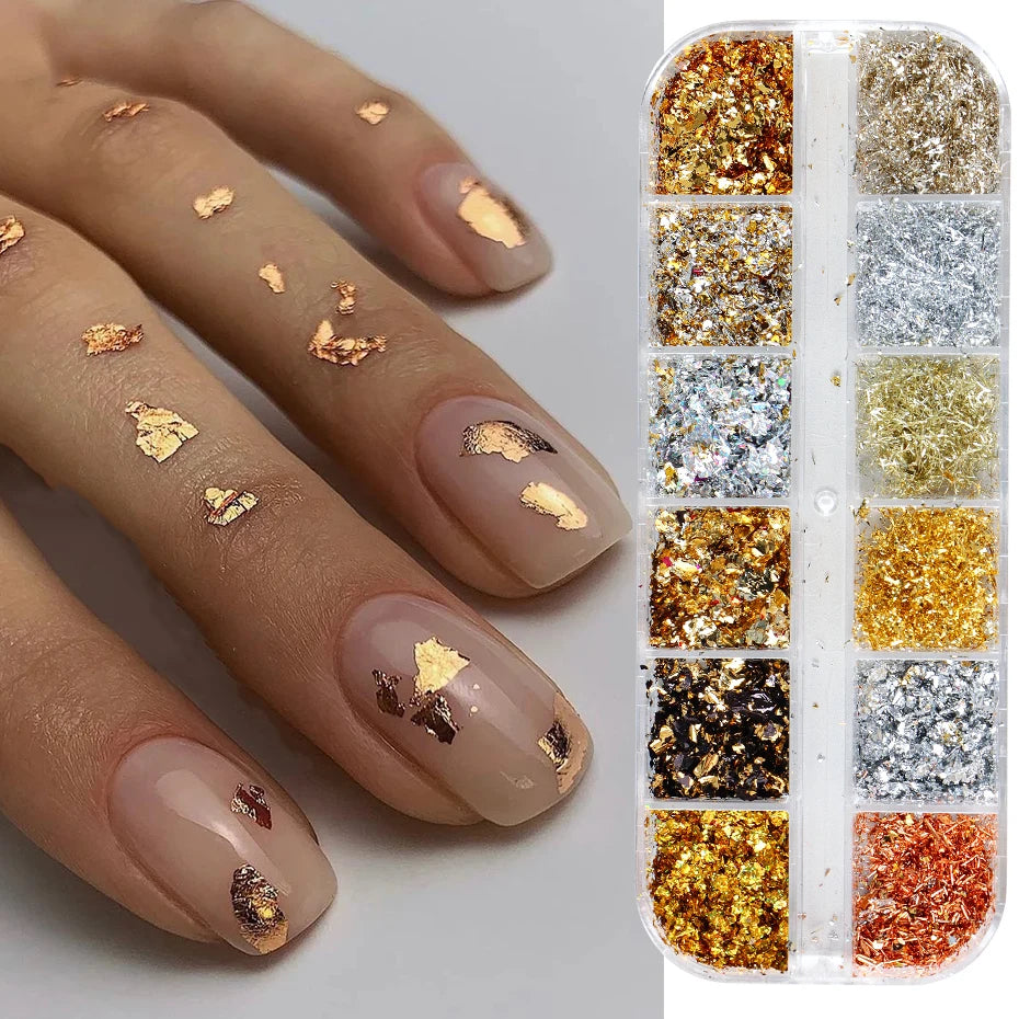 12 Color Gold Foils Gorgeous Nails Glitter Random Aluminum Flakes Paillette Chip Nail Design Shinny Sparkles Nail Art Decoration