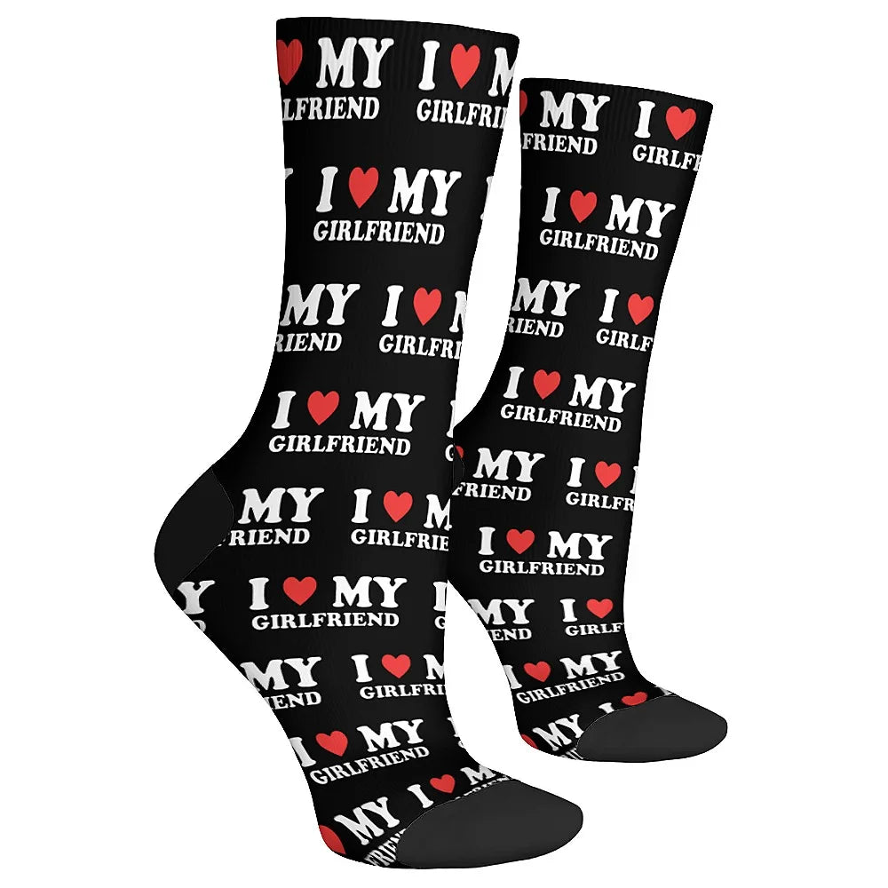 I love my girlfriend, men's fashion socks Fun crew socks, street hip hop casual, novelty holiday party gifts for boyfriends.