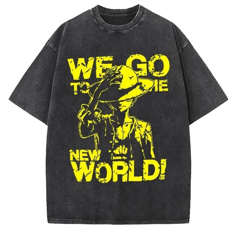 Unisex Oversized Anime Washed T-shirt Men One Piece Streetwear Women Short Sleeved Graphic Tee Summer Harajuku Casual Top HipHop