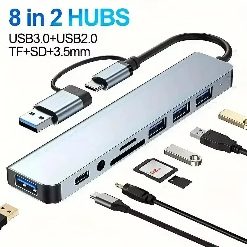 USB C Hub USB Splitter 8 in 1 USB Extender with 4 USB Port 1 USBC Port TF/SD Card Reader Audio Output Compatible for MacBook
