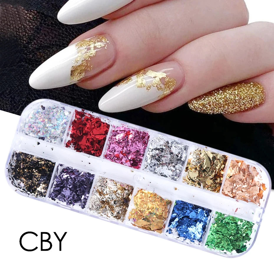 12 Color Gold Foils Gorgeous Nails Glitter Random Aluminum Flakes Paillette Chip Nail Design Shinny Sparkles Nail Art Decoration