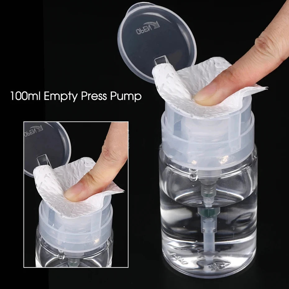 200ML Empty Pump Liquid Alcohol Press Nail Polish Remover Cleaner Bottle Nail Refillable Bottle Dispenser Manicure Container