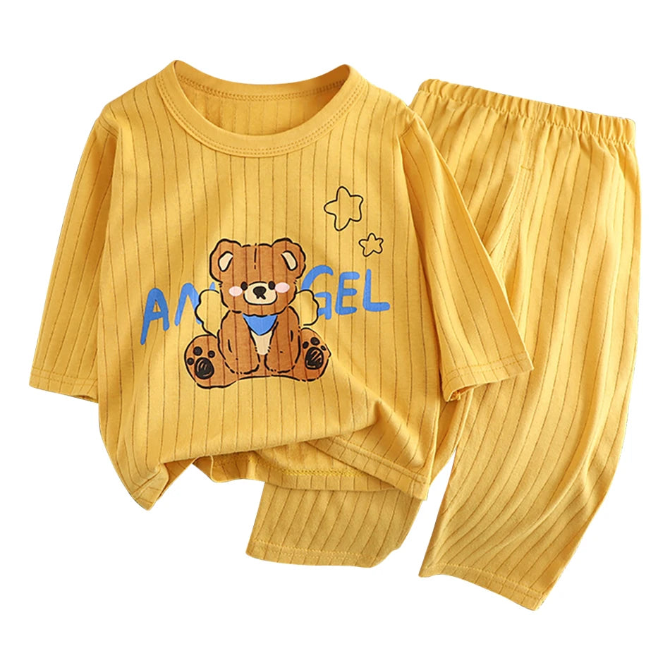 Spring Winter Kids Long Sleeve and Pants Pajamas Set Soft Breathable Baby Sleepwear Cartoon Bear AC Room Wear Boys Girls Clothes