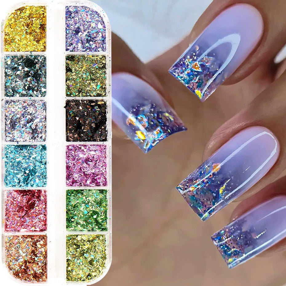 12 Grids Holographic Glitter Nail Art Sequins Sparkly Irregular Nail Flakes Powder Nail Art Mermaid Makeup Manicure Decorations