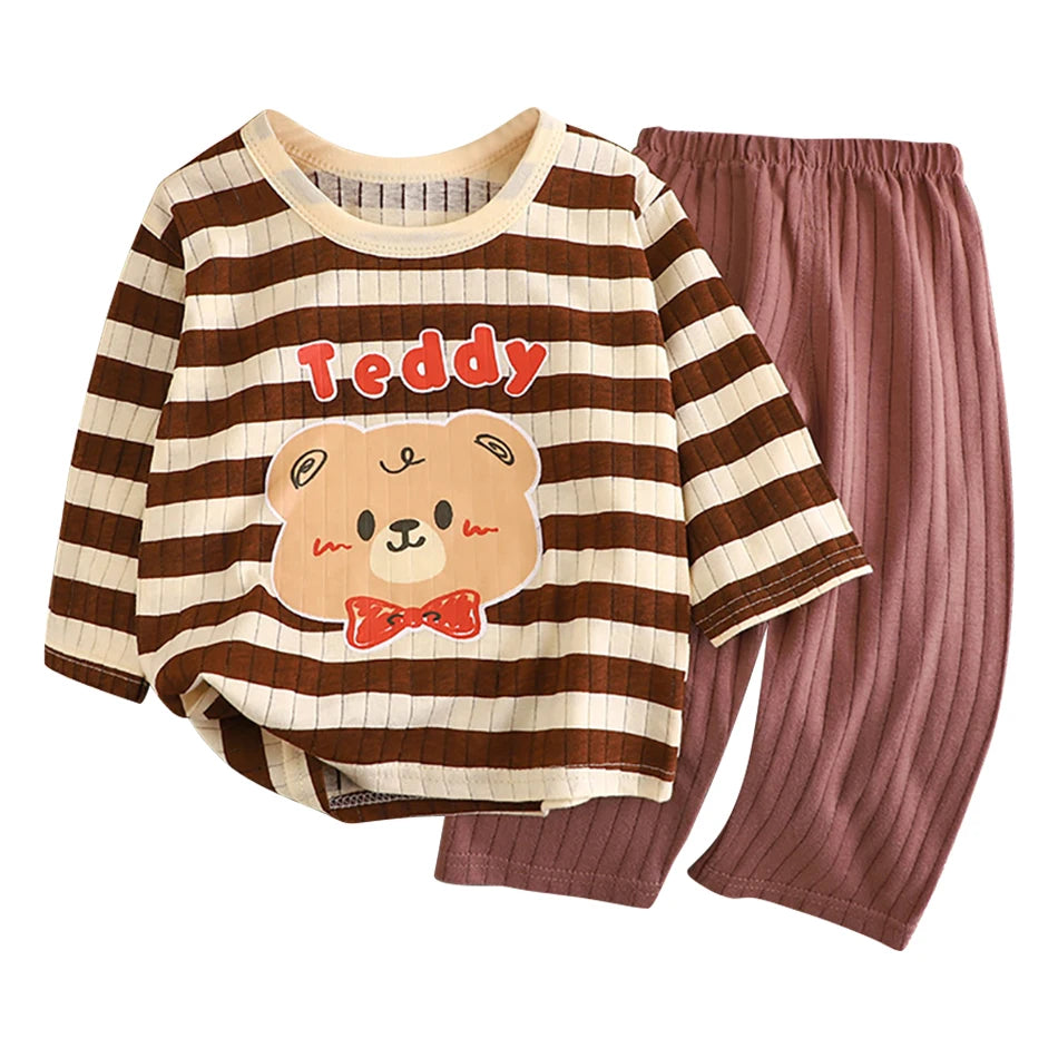 Spring Winter Kids Long Sleeve and Pants Pajamas Set Soft Breathable Baby Sleepwear Cartoon Bear AC Room Wear Boys Girls Clothes