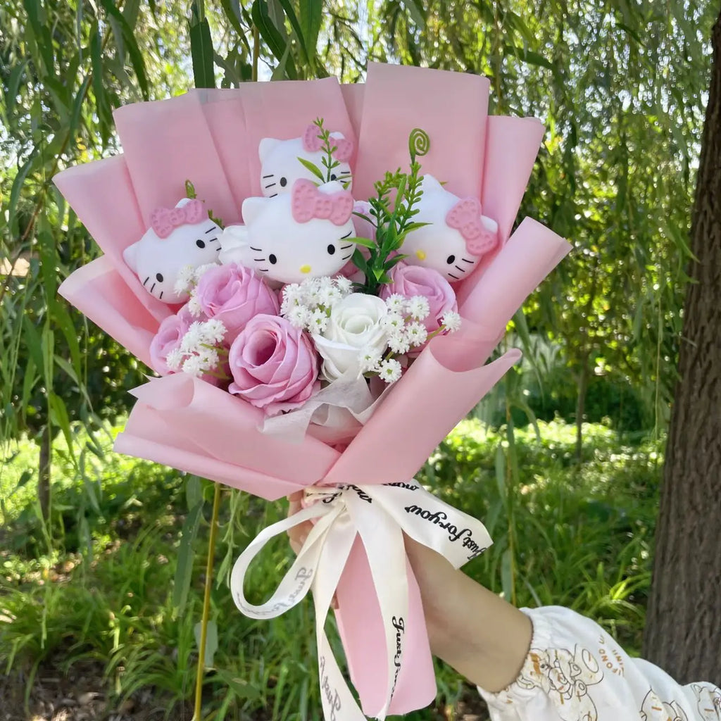 Cartoon Vinyl Doll Action Figures With Artificial Flower Creative Bouquet Christmas Valentine Birthday Gifts