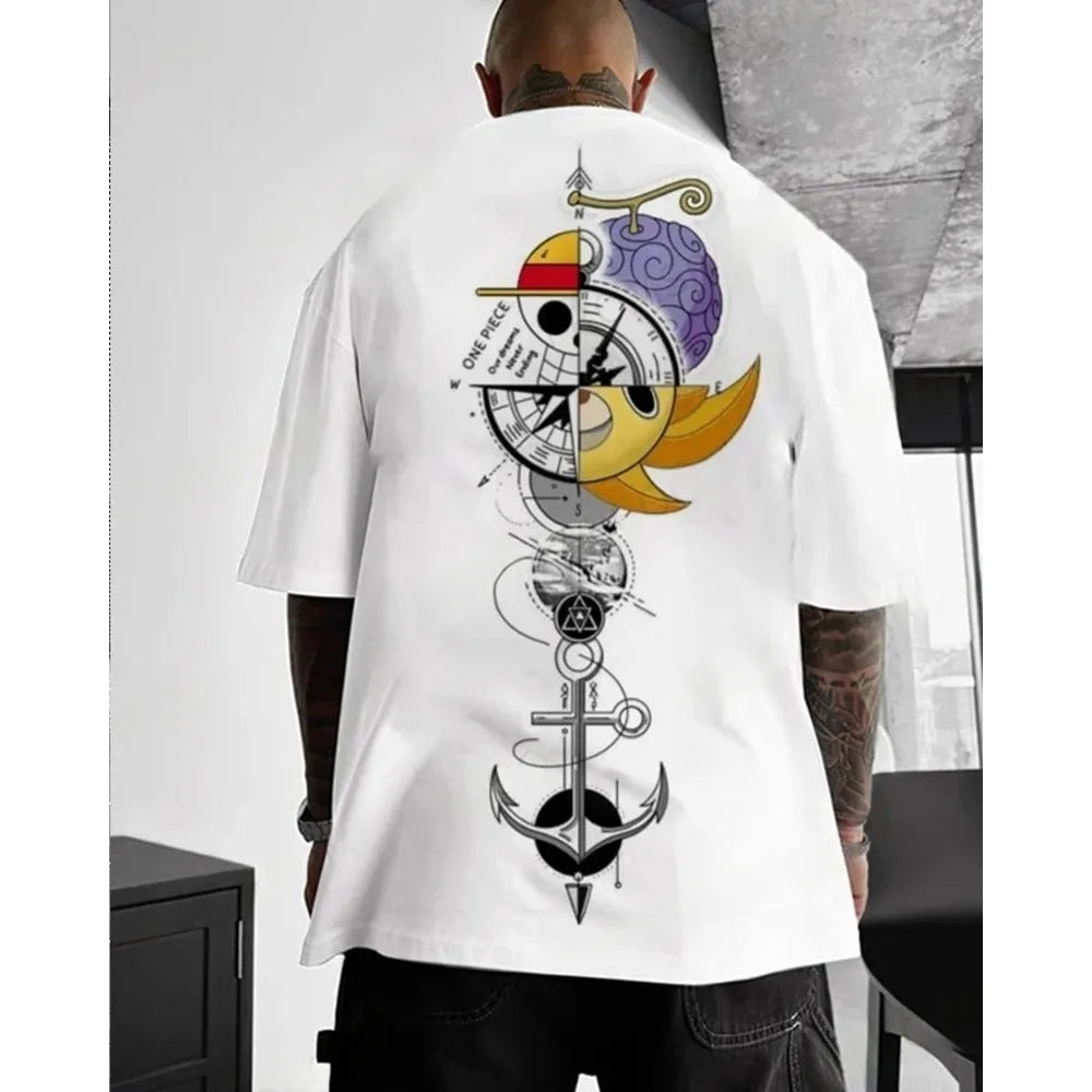 One Piece Men's T-shirt Monkey D. Luffy Summer and Autumn Anime Boy Children's Short-sleeved Retro Loose Parent-child Outfit