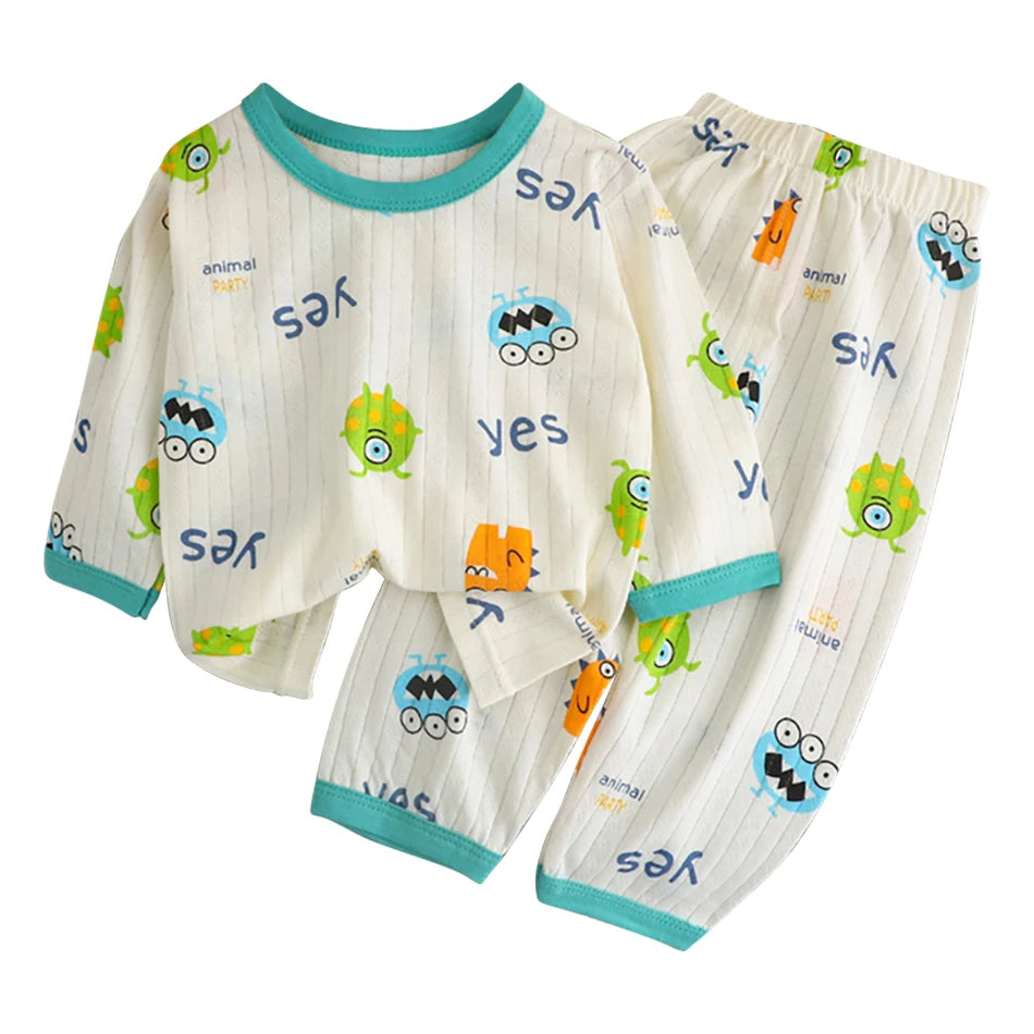 Spring Winter Kids Long Sleeve and Pants Pajamas Set Soft Breathable Baby Sleepwear Cartoon Bear AC Room Wear Boys Girls Clothes