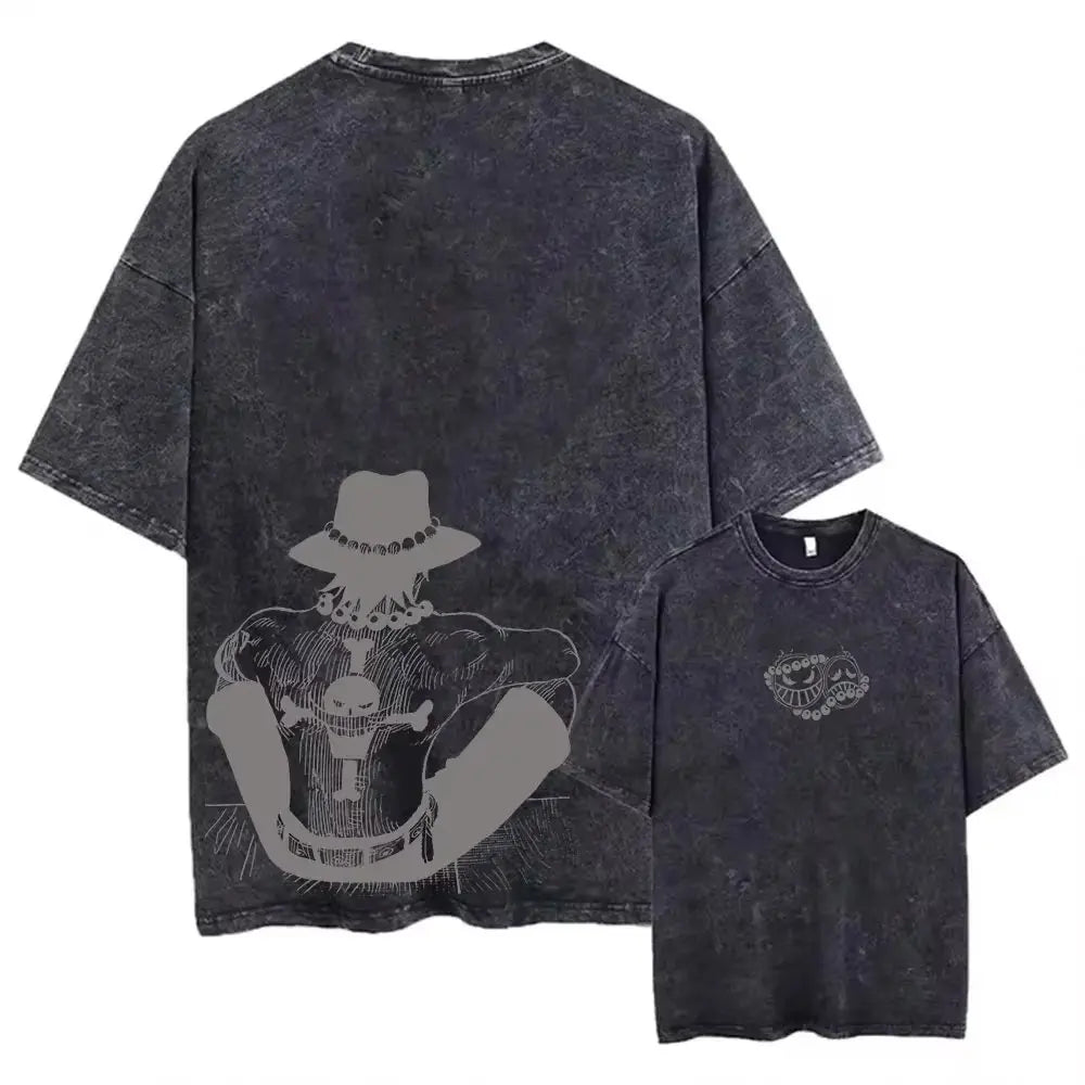 Unisex Oversized Anime Washed T-shirt Men One Piece Streetwear Women Short Sleeved Graphic Tee Summer Harajuku Casual Top HipHop