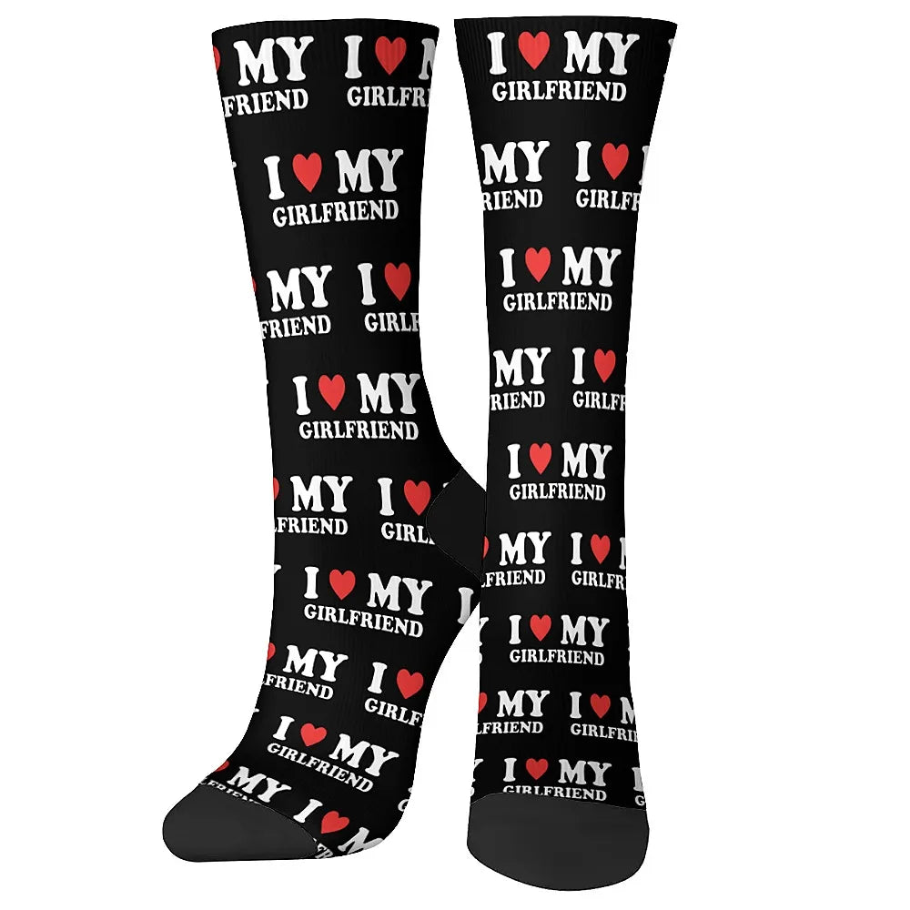 I love my girlfriend, men's fashion socks Fun crew socks, street hip hop casual, novelty holiday party gifts for boyfriends.