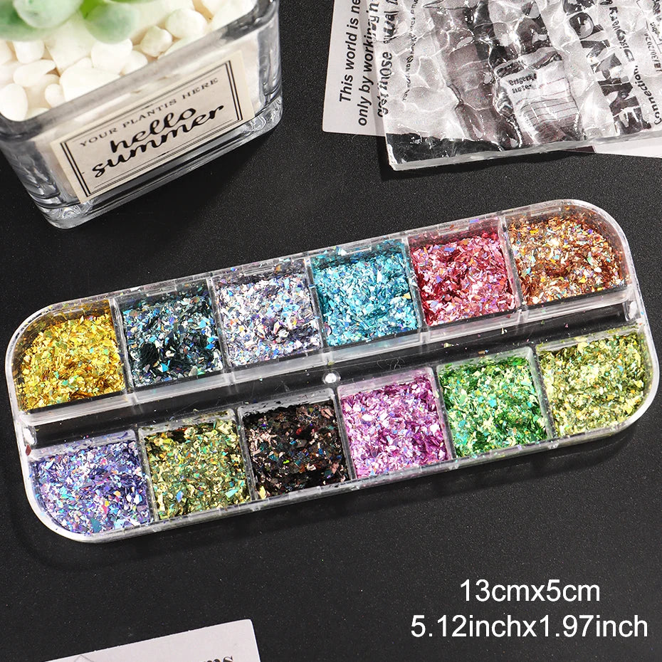 12 Grids Holographic Glitter Nail Art Sequins Sparkly Irregular Nail Flakes Powder Nail Art Mermaid Makeup Manicure Decorations