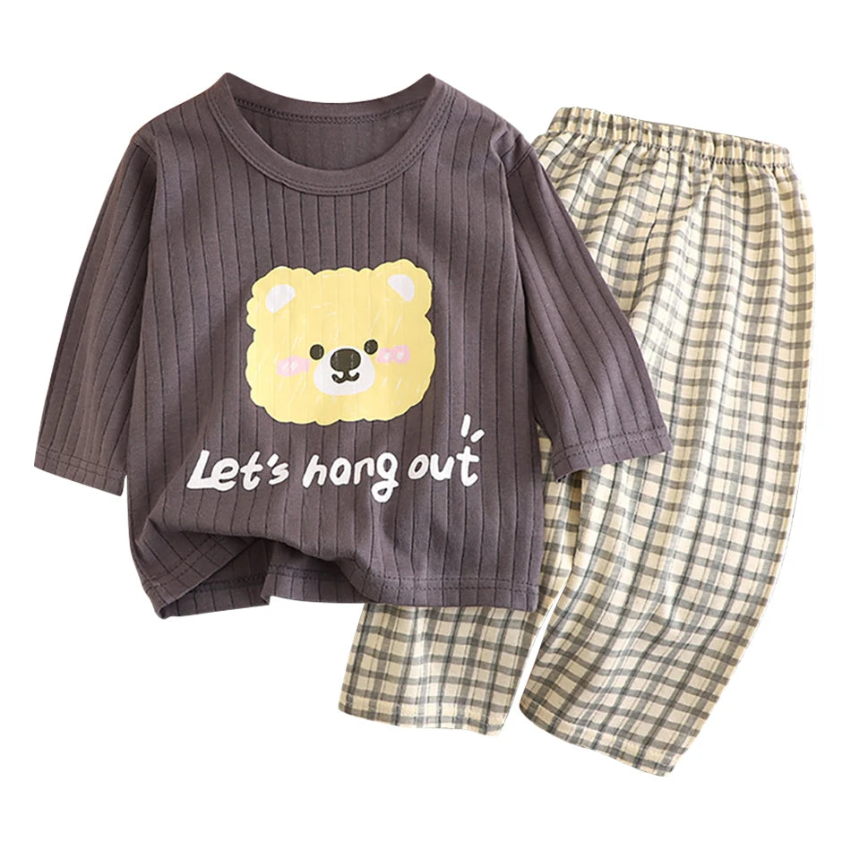Spring Winter Kids Long Sleeve and Pants Pajamas Set Soft Breathable Baby Sleepwear Cartoon Bear AC Room Wear Boys Girls Clothes