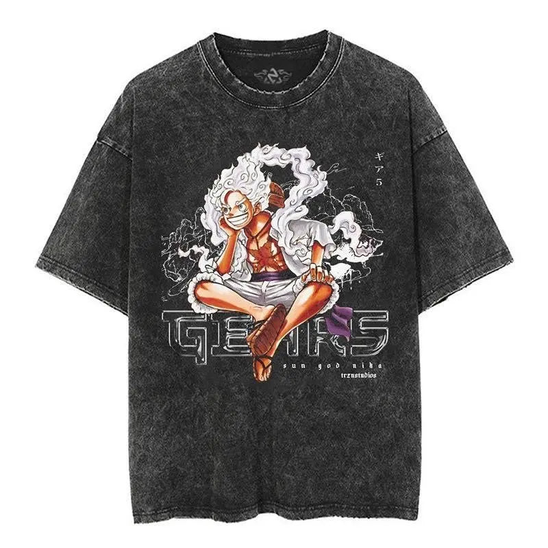 Unisex Oversized Anime Washed T-shirt Men One Piece Streetwear Women Short Sleeved Graphic Tee Summer Harajuku Casual Top HipHop