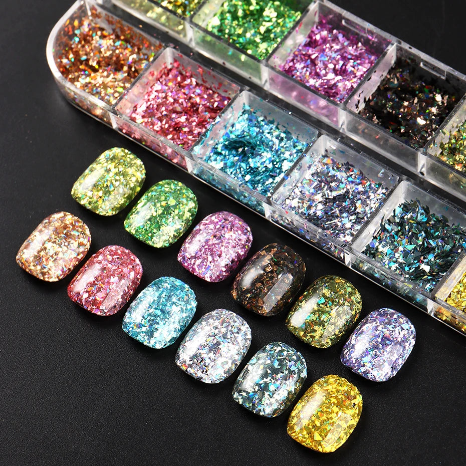12 Grids Holographic Glitter Nail Art Sequins Sparkly Irregular Nail Flakes Powder Nail Art Mermaid Makeup Manicure Decorations