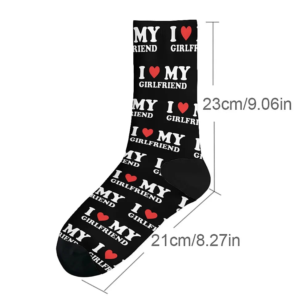 I love my girlfriend, men's fashion socks Fun crew socks, street hip hop casual, novelty holiday party gifts for boyfriends.