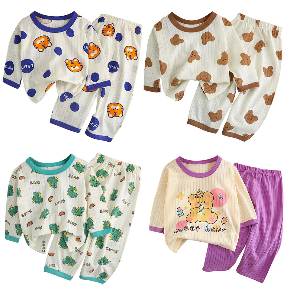 Spring Winter Kids Long Sleeve and Pants Pajamas Set Soft Breathable Baby Sleepwear Cartoon Bear AC Room Wear Boys Girls Clothes