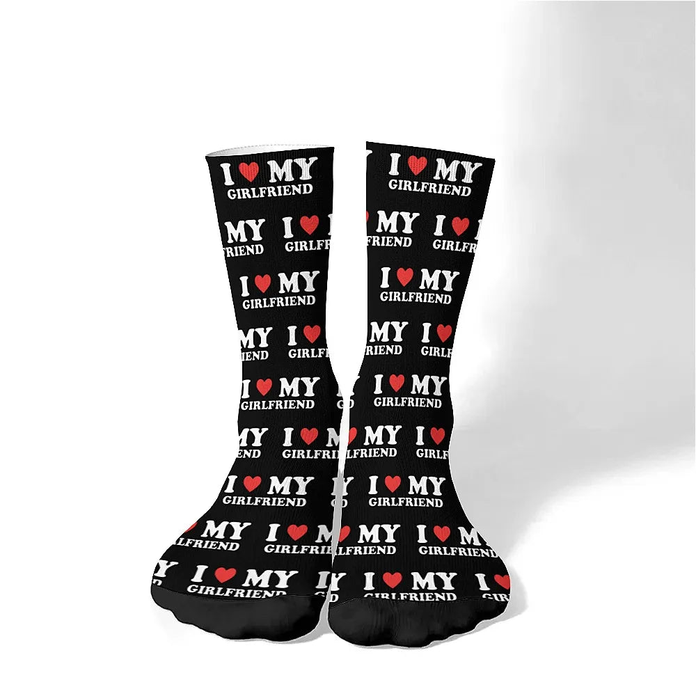 I love my girlfriend, men's fashion socks Fun crew socks, street hip hop casual, novelty holiday party gifts for boyfriends.