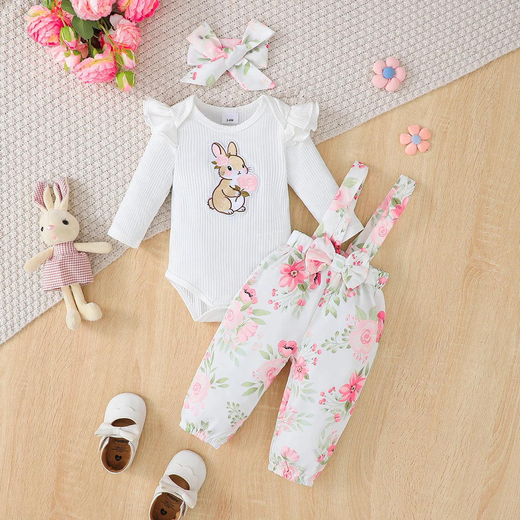 0-18Months Baby Girl Clothes Set Red Color Long Sleevs Bodysuit + Flower Strap Pants 2PCS Infant Girl New Years Clothing Suit