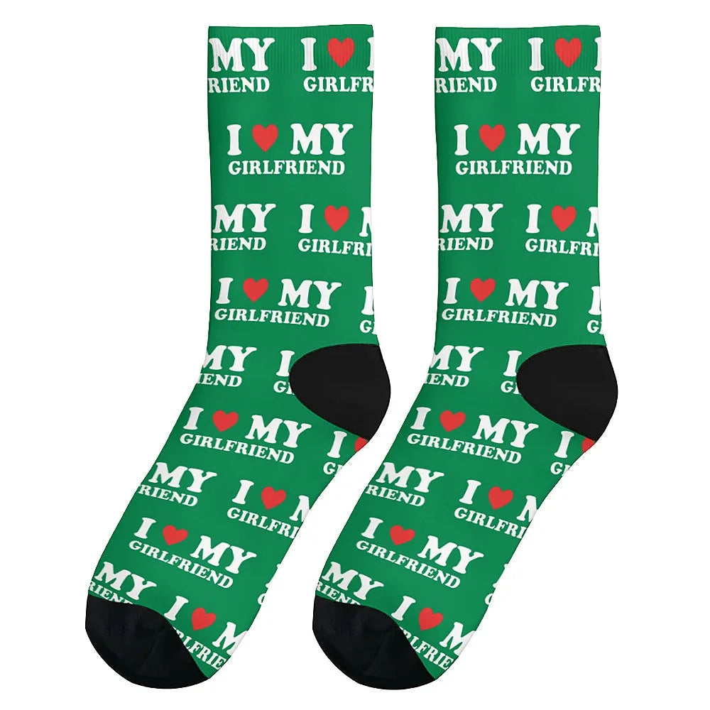 I love my girlfriend, men's fashion socks Fun crew socks, street hip hop casual, novelty holiday party gifts for boyfriends.
