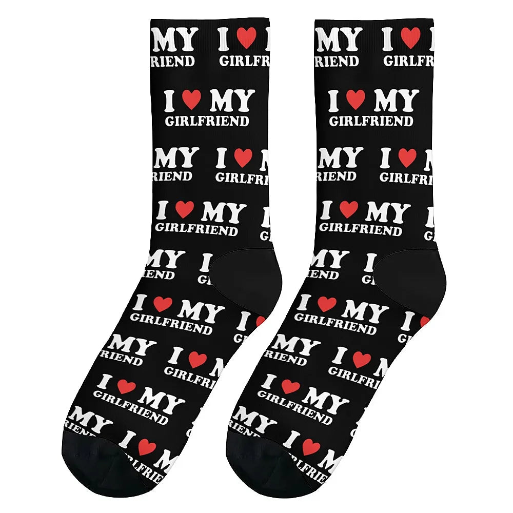 I love my girlfriend, men's fashion socks Fun crew socks, street hip hop casual, novelty holiday party gifts for boyfriends.
