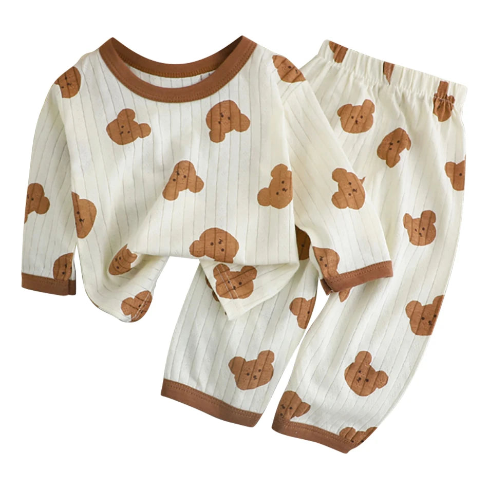 Spring Winter Kids Long Sleeve and Pants Pajamas Set Soft Breathable Baby Sleepwear Cartoon Bear AC Room Wear Boys Girls Clothes