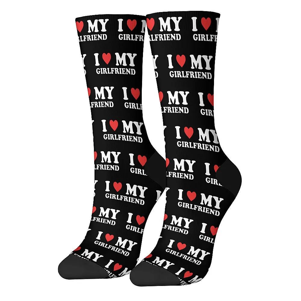 I love my girlfriend, men's fashion socks Fun crew socks, street hip hop casual, novelty holiday party gifts for boyfriends.