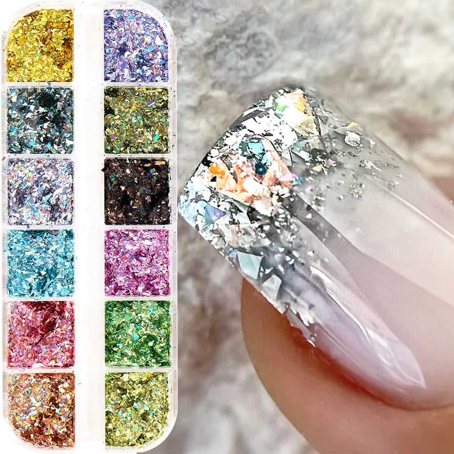 12 Grids Holographic Glitter Nail Art Sequins Sparkly Irregular Nail Flakes Powder Nail Art Mermaid Makeup Manicure Decorations