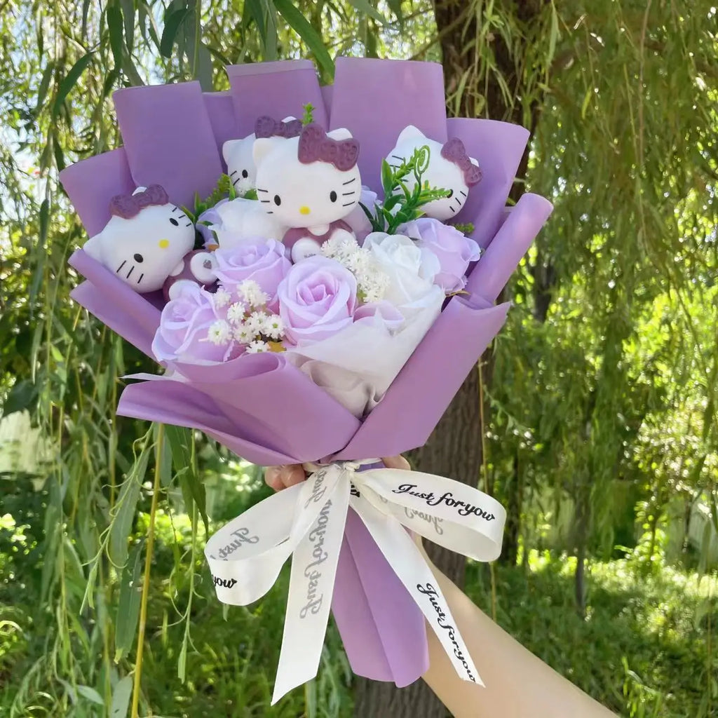 Cartoon Vinyl Doll Action Figures With Artificial Flower Creative Bouquet Christmas Valentine Birthday Gifts