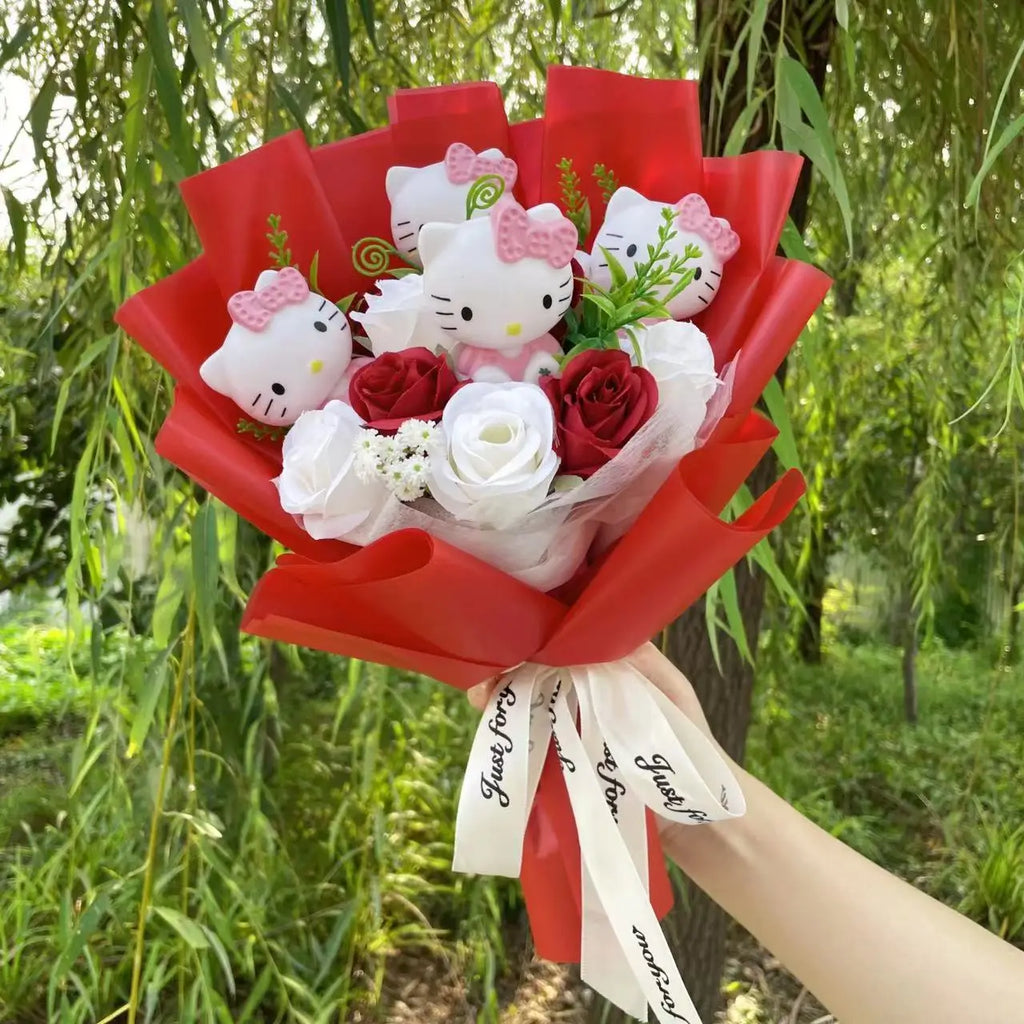 Cartoon Vinyl Doll Action Figures With Artificial Flower Creative Bouquet Christmas Valentine Birthday Gifts