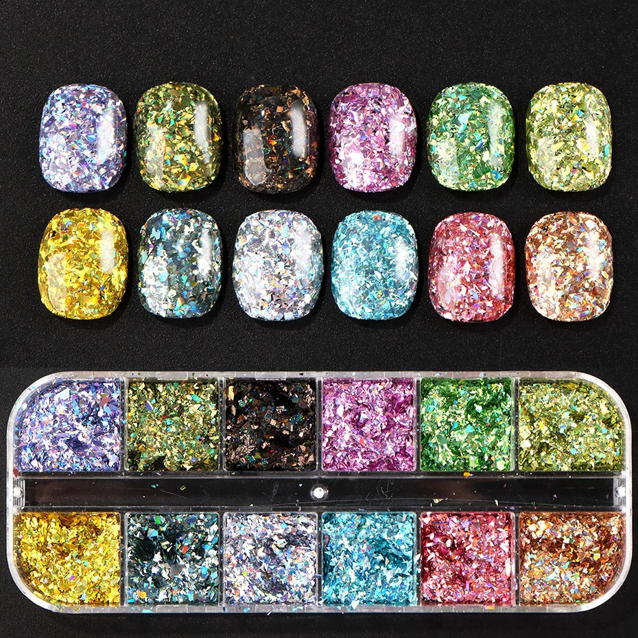 12 Grids Holographic Glitter Nail Art Sequins Sparkly Irregular Nail Flakes Powder Nail Art Mermaid Makeup Manicure Decorations