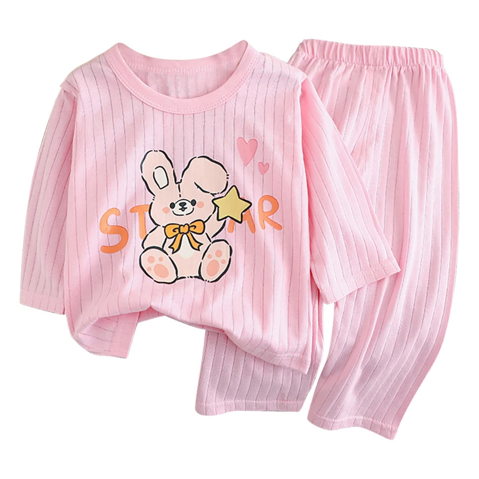 Spring Winter Kids Long Sleeve and Pants Pajamas Set Soft Breathable Baby Sleepwear Cartoon Bear AC Room Wear Boys Girls Clothes