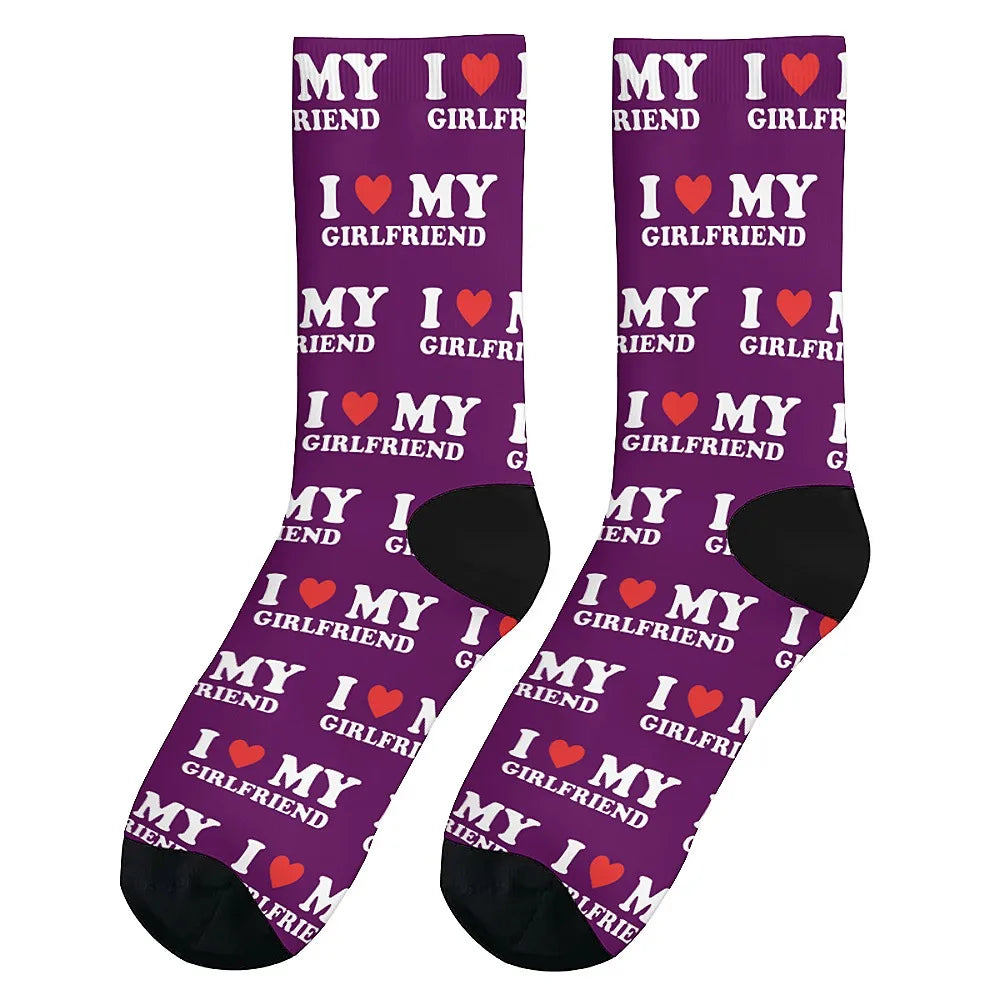 I love my girlfriend, men's fashion socks Fun crew socks, street hip hop casual, novelty holiday party gifts for boyfriends.