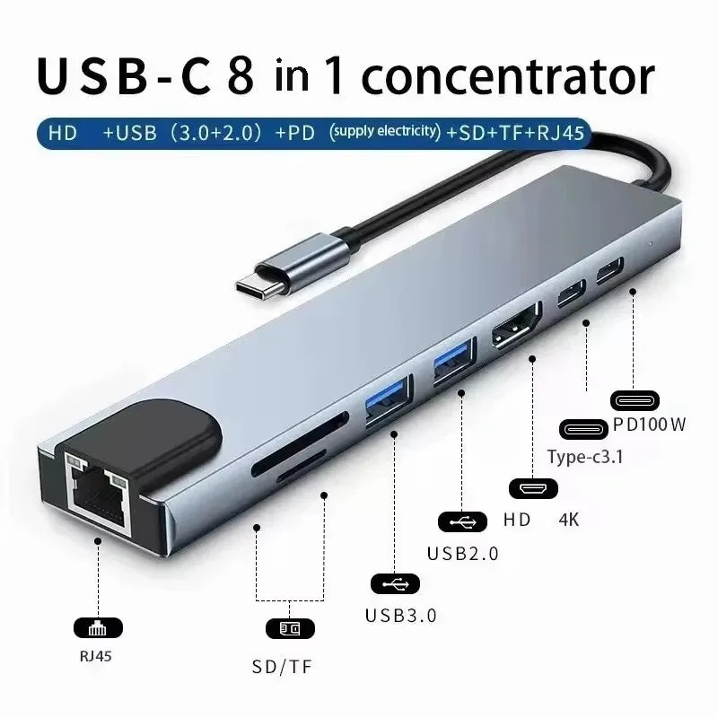 USB C Hub USB Splitter 8 in 1 USB Extender with 4 USB Port 1 USBC Port TF/SD Card Reader Audio Output Compatible for MacBook